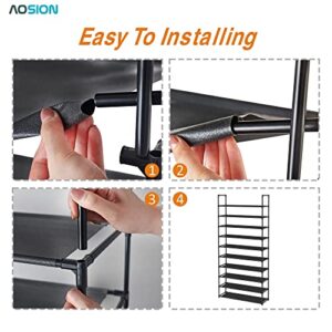 AOSION 10 Tier Shoe Rack,Shoe Rack for Closet,30-50 Pairs Tall Shoe Rack Organizer with Hooks,Large Shoe Rack with Removable,Space Saving Shoe Shelf,Non-Woven Fabric Shoe Tower,Black