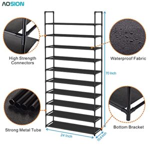 AOSION 10 Tier Shoe Rack,Shoe Rack for Closet,30-50 Pairs Tall Shoe Rack Organizer with Hooks,Large Shoe Rack with Removable,Space Saving Shoe Shelf,Non-Woven Fabric Shoe Tower,Black