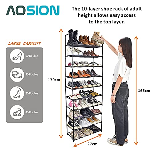 AOSION 10 Tier Shoe Rack,Shoe Rack for Closet,30-50 Pairs Tall Shoe Rack Organizer with Hooks,Large Shoe Rack with Removable,Space Saving Shoe Shelf,Non-Woven Fabric Shoe Tower,Black