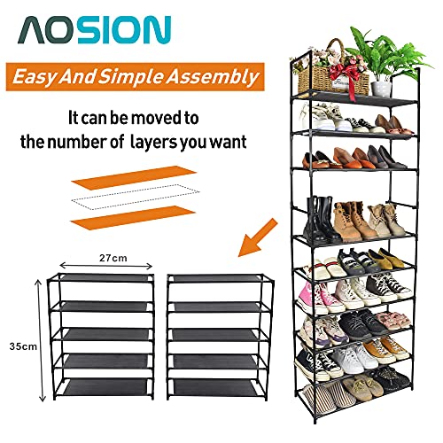 AOSION 10 Tier Shoe Rack,Shoe Rack for Closet,30-50 Pairs Tall Shoe Rack Organizer with Hooks,Large Shoe Rack with Removable,Space Saving Shoe Shelf,Non-Woven Fabric Shoe Tower,Black