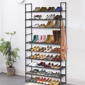 AOSION 10 Tier Shoe Rack,Shoe Rack for Closet,30-50 Pairs Tall Shoe Rack Organizer with Hooks,Large Shoe Rack with Removable,Space Saving Shoe Shelf,Non-Woven Fabric Shoe Tower,Black