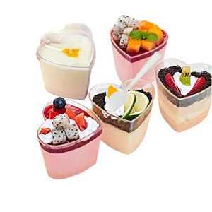 xigui 4oz/140ml mini dessert cups - clear tasting sample shot glasses 25 piece reusable of plastic heart-shaped dessert cups + lid + spoon, suitable for cheese, desserts, jelly, mousse, ice cream