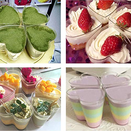 XIGUI 4oz/140ml Mini Dessert Cups - Clear Tasting Sample Shot Glasses 25 Piece Reusable of Plastic Heart-Shaped Dessert Cups + Lid + Spoon, Suitable for Cheese, Desserts, Jelly, Mousse, Ice Cream