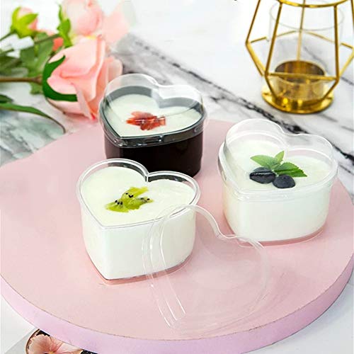 XIGUI 4oz/140ml Mini Dessert Cups - Clear Tasting Sample Shot Glasses 25 Piece Reusable of Plastic Heart-Shaped Dessert Cups + Lid + Spoon, Suitable for Cheese, Desserts, Jelly, Mousse, Ice Cream