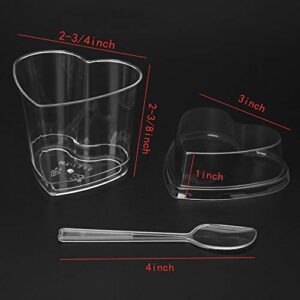 XIGUI 4oz/140ml Mini Dessert Cups - Clear Tasting Sample Shot Glasses 25 Piece Reusable of Plastic Heart-Shaped Dessert Cups + Lid + Spoon, Suitable for Cheese, Desserts, Jelly, Mousse, Ice Cream