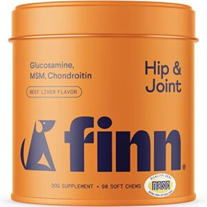 finn hip and joint supplement for dogs | glucosamine, chondroitin & msm for arthritis, inflammation, and mobility support | with turmeric, bioperine and b-vitamins | 90 soft chew treats