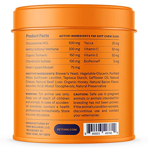 Finn Hip and Joint Supplement for Dogs | Glucosamine, Chondroitin & MSM for Arthritis, Inflammation, and Mobility Support | with Turmeric, BioPerine and B-Vitamins | 90 Soft Chew Treats