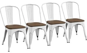 yaheetech set of 4 metal dining chairs with wood seat metal side chairs kitchen chairs with back bistro café trattoria kitchen, distressed white