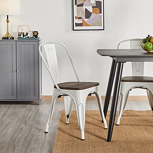 Yaheetech Set of 4 Metal Dining Chairs with Wood Seat Metal Side Chairs Kitchen Chairs with Back Bistro Café Trattoria Kitchen, Distressed White