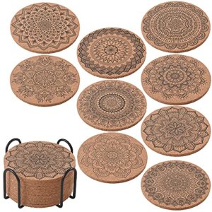 ionegg cork coasters for drinks reusable cup coaster for cold or warm drinks, pack of 9 with metal holder