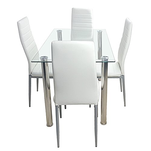 SSLine 5 Pieces Dining Table Set,Kitchen Room Tempered Glass Dining Table,Dining Table Set with 4 PU Leather Chairs,Home Furniture for Small Spaces Kitchen (Creamy White)