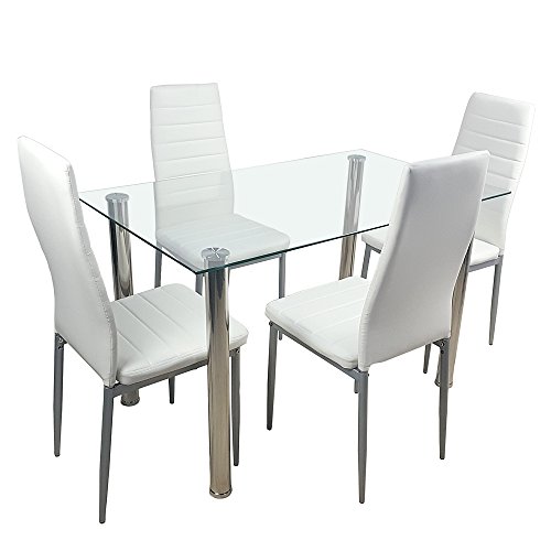 SSLine 5 Pieces Dining Table Set,Kitchen Room Tempered Glass Dining Table,Dining Table Set with 4 PU Leather Chairs,Home Furniture for Small Spaces Kitchen (Creamy White)