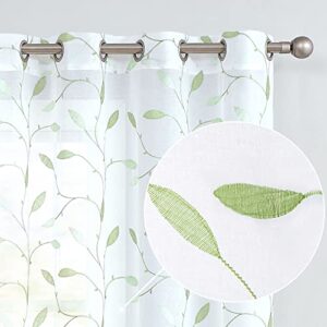collact sheer curtains leaf embroidered living room curtains farmhouse window treatments sheer curtains 84 inch length 2 panels set window curtains rustic bedroom curtains grommet top green on white