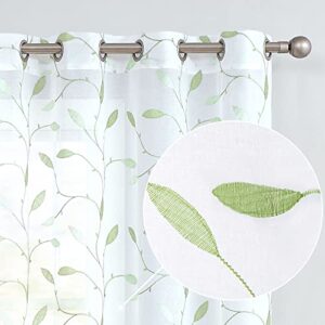 COLLACT Sheer Curtains Leaf Embroidered Living Room Curtains Farmhouse Window Treatments Sheer Curtains 84 Inch Length 2 Panels Set Window Curtains Rustic Bedroom Curtains Grommet Top Green on White