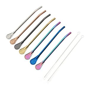 reusable straws spoon for yerba mate stainless steel straw spoon filter strainers for loose tea, coffee stirrers, smoothie slushy straws, 9 pcs 6 colors with 2 cleaner brushes