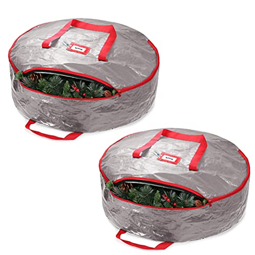 ZOBER Christmas Wreath Storage Bag - Water Resistant Fabric Storage Dual Zippered Bag for Holiday Artificial Christmas Wreaths, 2 Stitch-Reinforced Canvas Handles (24 Inch, Gray, Set of 2)