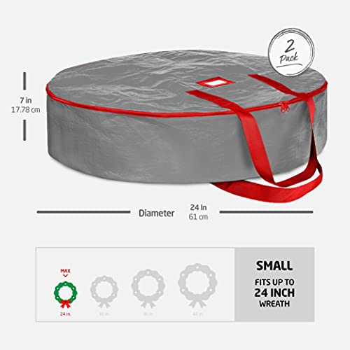 ZOBER Christmas Wreath Storage Bag - Water Resistant Fabric Storage Dual Zippered Bag for Holiday Artificial Christmas Wreaths, 2 Stitch-Reinforced Canvas Handles (24 Inch, Gray, Set of 2)