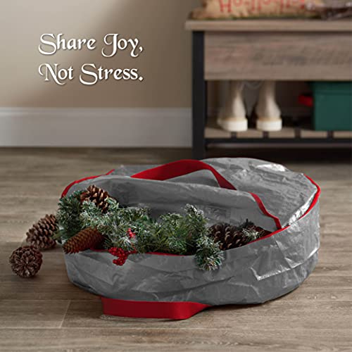 ZOBER Christmas Wreath Storage Bag - Water Resistant Fabric Storage Dual Zippered Bag for Holiday Artificial Christmas Wreaths, 2 Stitch-Reinforced Canvas Handles (24 Inch, Gray, Set of 2)