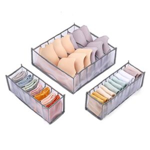 tikhoeng underwear organizer, drawer divider for underwear/ socks/ bras/ ties, foldable storage boxes, organizers clothes storage with 3pcs of 6/7/11 compartments (grey)