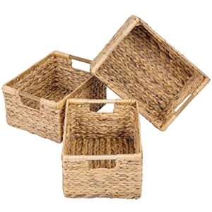 large wicker basket rectangular with wooden handles for shelves, water hyacinth basket storage, natural baskets for organizing, wicker baskets for storage 14.5 x 10.3 x 7.5 inches - 3 pack