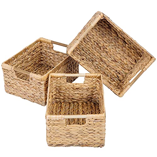 Large Wicker Basket Rectangular with Wooden Handles for Shelves, Water Hyacinth Basket Storage, Natural Baskets for Organizing, Wicker Baskets for Storage 14.5 x 10.3 x 7.5 inches - 3 Pack