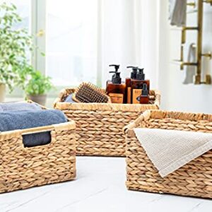 Large Wicker Basket Rectangular with Wooden Handles for Shelves, Water Hyacinth Basket Storage, Natural Baskets for Organizing, Wicker Baskets for Storage 14.5 x 10.3 x 7.5 inches - 3 Pack