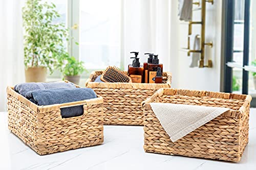 Large Wicker Basket Rectangular with Wooden Handles for Shelves, Water Hyacinth Basket Storage, Natural Baskets for Organizing, Wicker Baskets for Storage 14.5 x 10.3 x 7.5 inches - 3 Pack