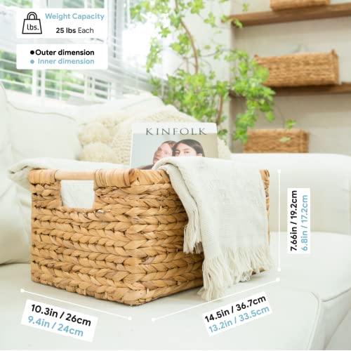 Large Wicker Basket Rectangular with Wooden Handles for Shelves, Water Hyacinth Basket Storage, Natural Baskets for Organizing, Wicker Baskets for Storage 14.5 x 10.3 x 7.5 inches - 3 Pack