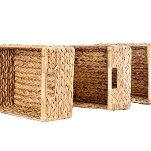 Large Wicker Basket Rectangular with Wooden Handles for Shelves, Water Hyacinth Basket Storage, Natural Baskets for Organizing, Wicker Baskets for Storage 14.5 x 10.3 x 7.5 inches - 3 Pack