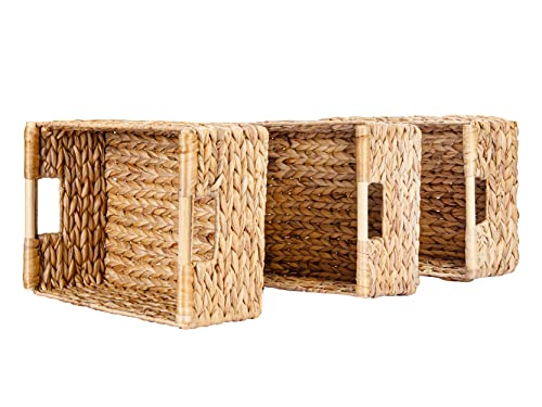 Large Wicker Basket Rectangular with Wooden Handles for Shelves, Water Hyacinth Basket Storage, Natural Baskets for Organizing, Wicker Baskets for Storage 14.5 x 10.3 x 7.5 inches - 3 Pack