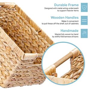 Large Wicker Basket Rectangular with Wooden Handles for Shelves, Water Hyacinth Basket Storage, Natural Baskets for Organizing, Wicker Baskets for Storage 14.5 x 10.3 x 7.5 inches - 3 Pack