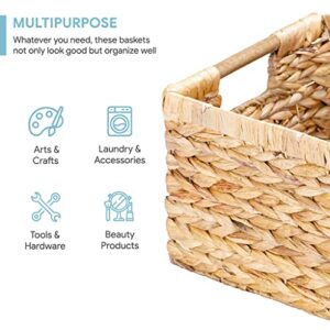 Large Wicker Basket Rectangular with Wooden Handles for Shelves, Water Hyacinth Basket Storage, Natural Baskets for Organizing, Wicker Baskets for Storage 14.5 x 10.3 x 7.5 inches - 3 Pack