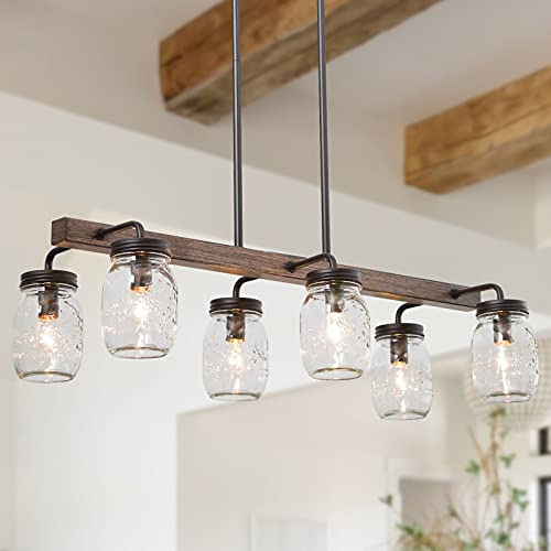 Mason Jar Chandelier, 6-Light Kitchen Island Lighting, 27.5" Farmhouse Chandelier for Dining Room with Glass Shades