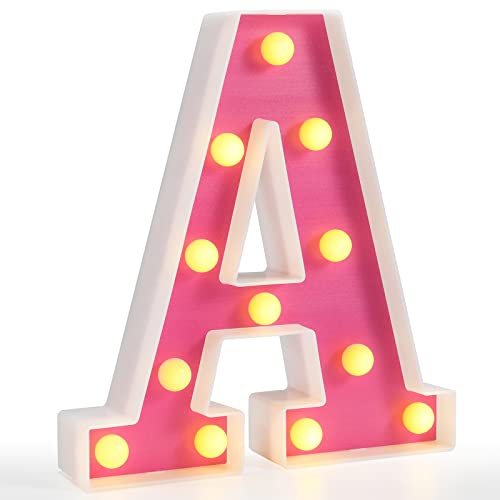 Pooqla LED Marquee Letter Lights, Light Up Alphabet Marquee Letters Sign for Night Light Birthday Wedding Party Christmas Lamp Home Bar Decoration, Pink Letter A