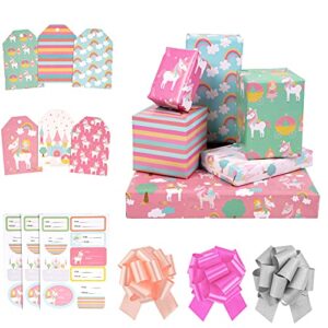 maypluss wrapping paper sheet set- folded flat - pull bows $ gift tags & stickers - 6 different unicorn design (45.2 sq. ft.ttl.) - 27.5 inch x 39.4 inch per sheet