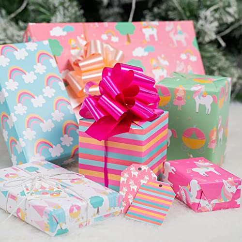 MAYPLUSS Wrapping Paper Sheet Set- Folded Flat - Pull Bows $ Gift Tags & Stickers - 6 Different Unicorn Design (45.2 sq. ft.ttl.) - 27.5 inch X 39.4 inch Per Sheet