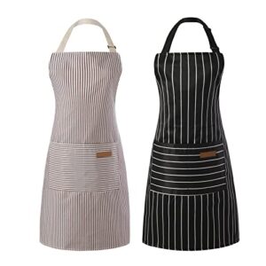 tosewever 2 pieces kitchen cooking aprons, cotton polyester blend adjustable bib aprons with 2 pockets for women men chef chef (black/brown stripes, 2)