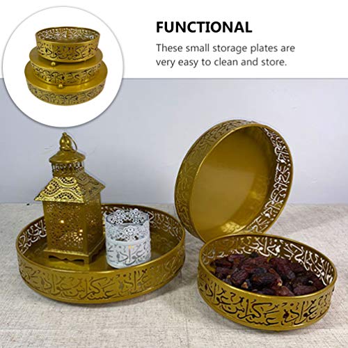 ABOOFAN 3Pcs Ramadan Eid Plate Iron Serving Tray Eid Ramadan Platter Round Candy Dish Snacks Dessert Holder Ramadan Mubarak Eid Party Supplies