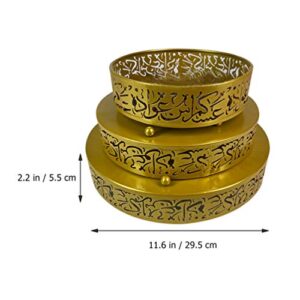 ABOOFAN 3Pcs Ramadan Eid Plate Iron Serving Tray Eid Ramadan Platter Round Candy Dish Snacks Dessert Holder Ramadan Mubarak Eid Party Supplies