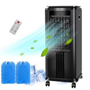 swhome 3-in-1 portable evaporative coolers 30" swamp cooler air conditioner fan humidifier 12h timer, with remote control ice box (black)