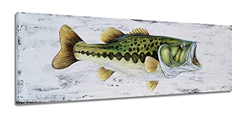 YHSKY ARTS Coastal Canvas Wall Art with Textured - Large Mouth Fish Paintings, Modern Abstract Marine Life Pictures for Living Room Bedroom Bathroom Decor