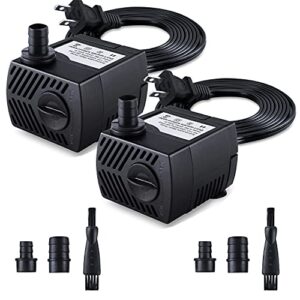 cwkj fountain pump, 2 packs 80gph(4w 300l/h) submersible water pump, durable outdoor fountain water pump with 7.2ft（2.2m） power cord, 3 nozzles for aquarium, pond, fish tank, water fountain pump