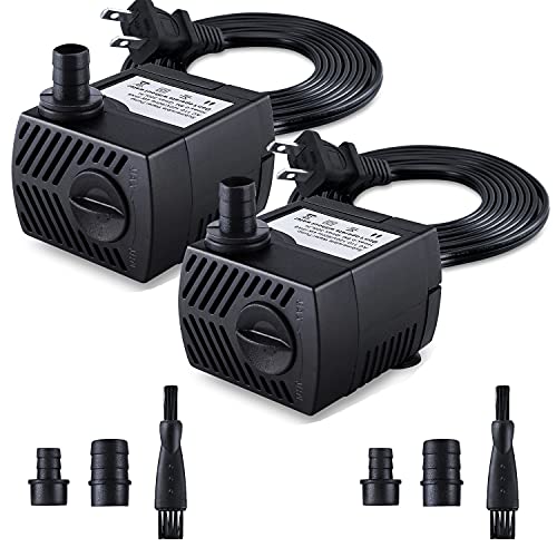 CWKJ Fountain Pump, 2 Packs 80GPH(4W 300L/H) Submersible Water Pump, Durable Outdoor Fountain Water Pump with 7.2ft（2.2m） Power Cord, 3 Nozzles for Aquarium, Pond, Fish Tank, Water Fountain Pump