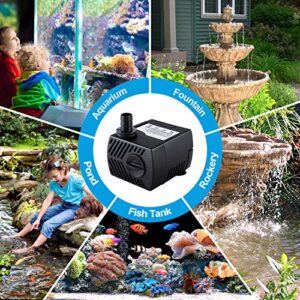 CWKJ Fountain Pump, 2 Packs 80GPH(4W 300L/H) Submersible Water Pump, Durable Outdoor Fountain Water Pump with 7.2ft（2.2m） Power Cord, 3 Nozzles for Aquarium, Pond, Fish Tank, Water Fountain Pump