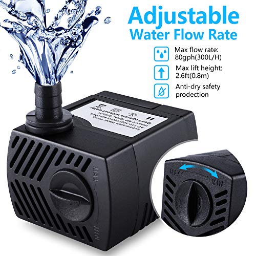 CWKJ Fountain Pump, 2 Packs 80GPH(4W 300L/H) Submersible Water Pump, Durable Outdoor Fountain Water Pump with 7.2ft（2.2m） Power Cord, 3 Nozzles for Aquarium, Pond, Fish Tank, Water Fountain Pump