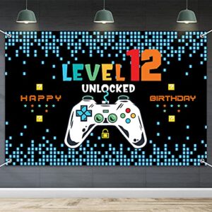 hamigar 6x4ft happy 12th birthday baner backdrop - level 12 unlocked birthday decorations party supplies for boys - blue