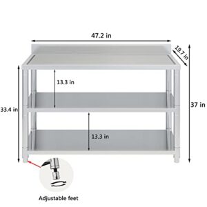 Heavy Duty Free Standing Stainless-Steel Commercial Restaurant Kitchen Work Table, Prep & Utility Workbench with Double Storage Shelves Rack Indoor Outdoor (47.2in)