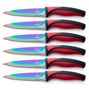 silislick stainless steel steak knife set - titanium coated colorful kitchen knives with straight edge, smooth & sharp - rainbow iridescent kitchen gifts & accessories