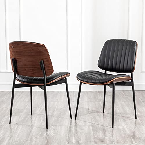 LUNLING Dining Chairs Set of 2 Mid Century Modern Retro Faux Leather Chair with Walnut Bentwood Upholstered Seat Metal Legs Adjustable Foot for Kitchen Dining Room Chairs(Black)