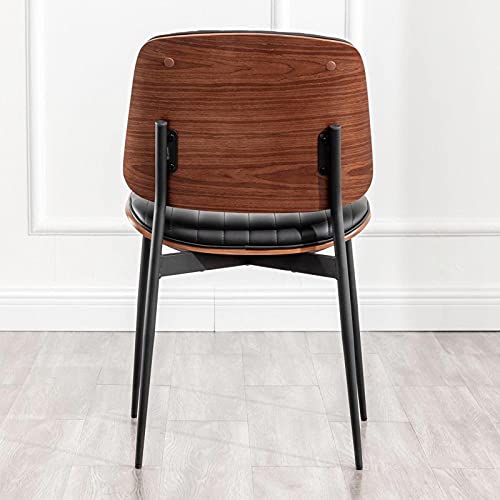 LUNLING Dining Chairs Set of 2 Mid Century Modern Retro Faux Leather Chair with Walnut Bentwood Upholstered Seat Metal Legs Adjustable Foot for Kitchen Dining Room Chairs(Black)